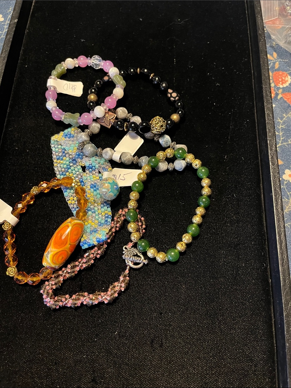Stackable Beaded Bracelet Set - Green, Pink, Black, Amber
